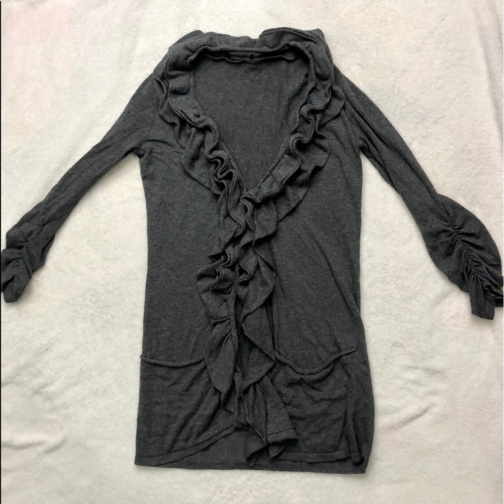 👎CANT FIND Ruffle trim long cardigan with pockets